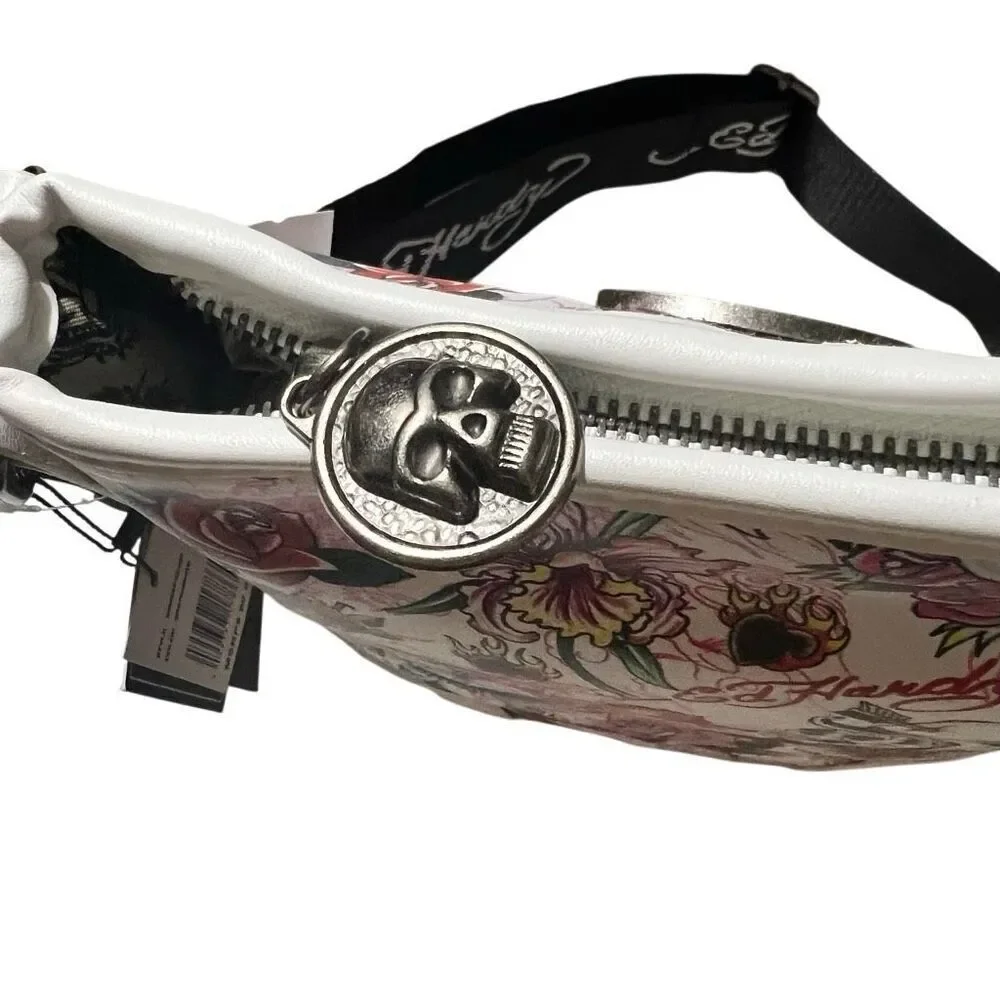 New Retro Y2K Ed Hardy Pink Metallic white tattoo print crossbody Skull Charms
